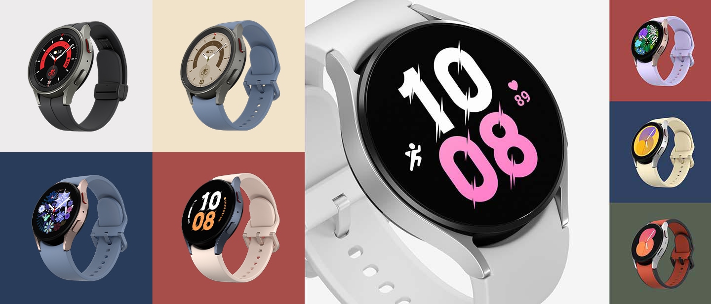 Acht Galaxy Watch5 Pro und Galaxy Watch5 Smartwatches sind zu sehen, wobei jede Smartwatch eine andere Farbe des Armbands und des Zifferblatts aufweist.