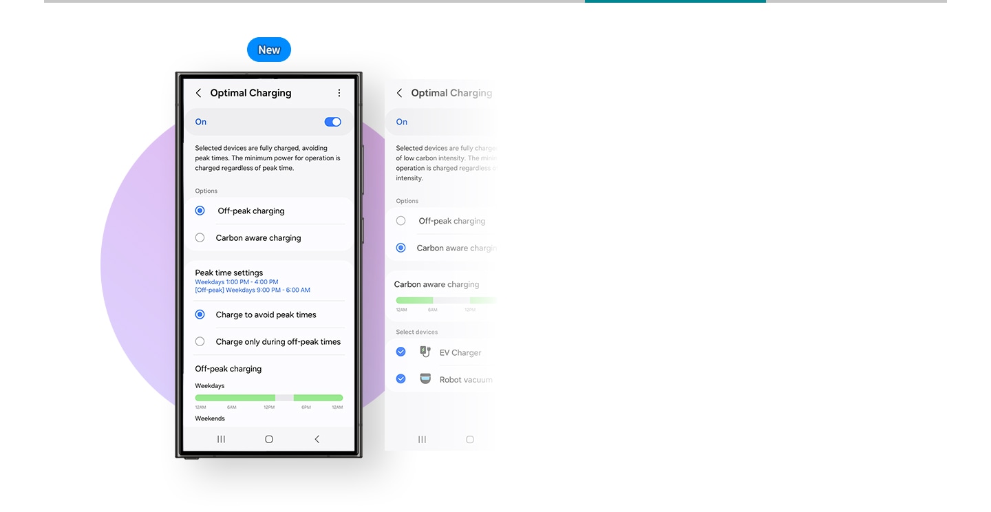 Zu sehen ist ein Smartphone mit dem Tab ‚SmartThings Create Routine‘ auf dem Display. Wenn alle das Haus verlassen, werden ausgewählte Geräte automatisch ausgeschaltet. Oder wenn die Taste der SmartThings Station im Wohnzimmer gedrückt wird, schaltet sich der Samsung Serif TV automatisch aus. Das Symbol ‚Upgrade‘ befindet sich über dem Smartphone.