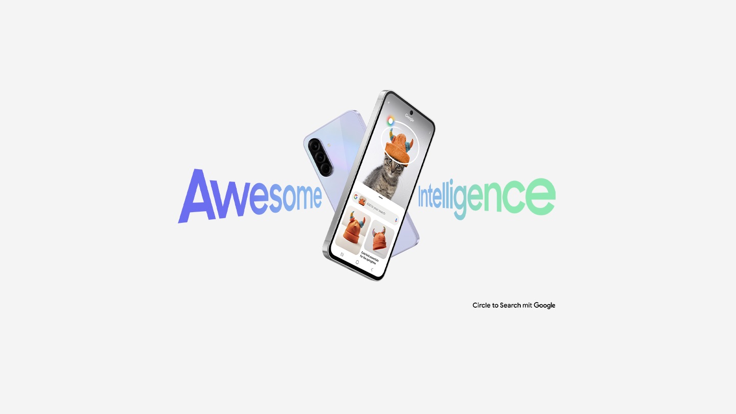Das Galaxy A56 wird in der Front- und Rückansicht dargestellt, links und rechts befindet sich der Schriftzug Awesome und Intelligence. Rechts unten befindet sich der schriftzug Circle to Search mit Google.