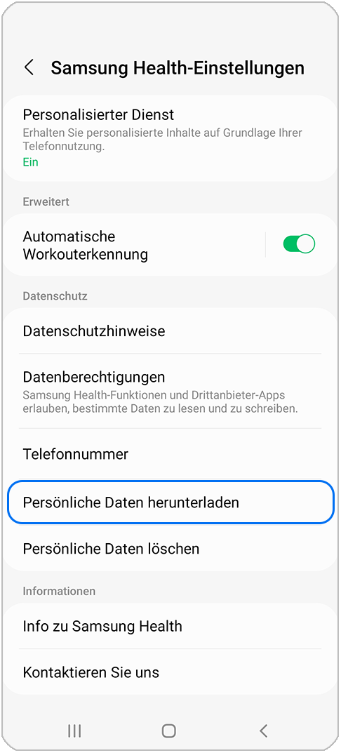 Samsung Health Dashboard - Einstellungen - Persönliche Daten herunterladen