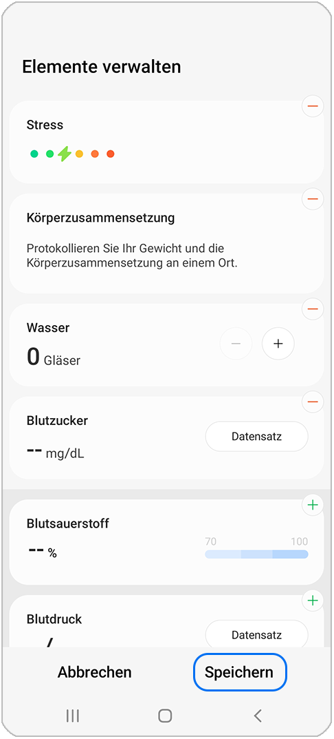 Samsung Health Anordnung der Elemente speichern
