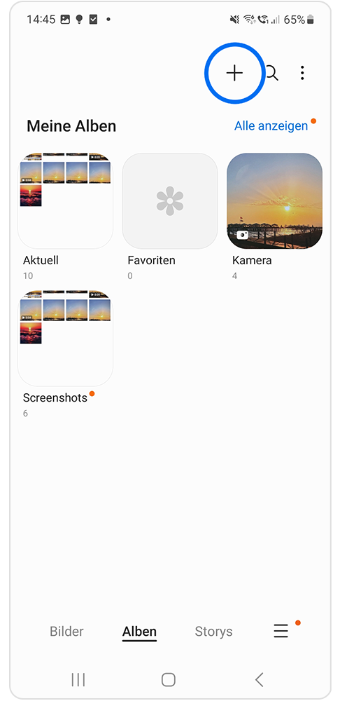 Das Plus wird angetippt, um ein neues Album zu erstellen.