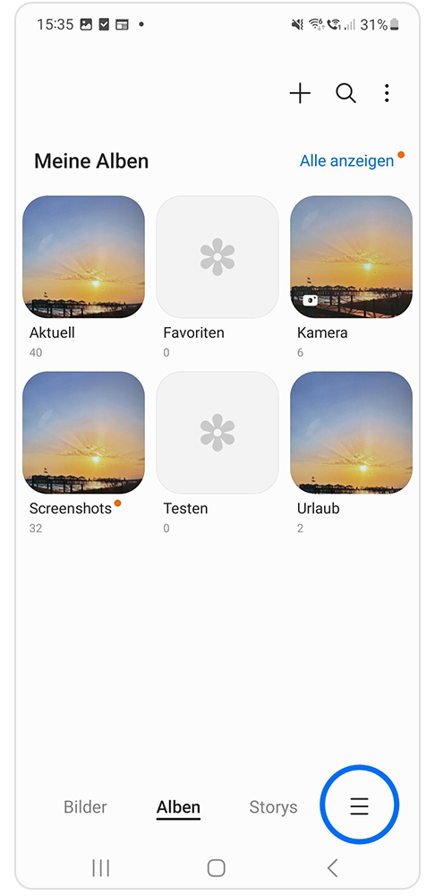 In der Galerie App wird der Reiter Weitere Optionen gewählt.