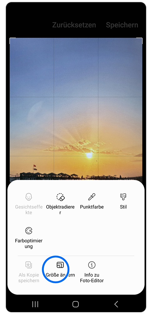 Option Größe ändern wird angetippt.