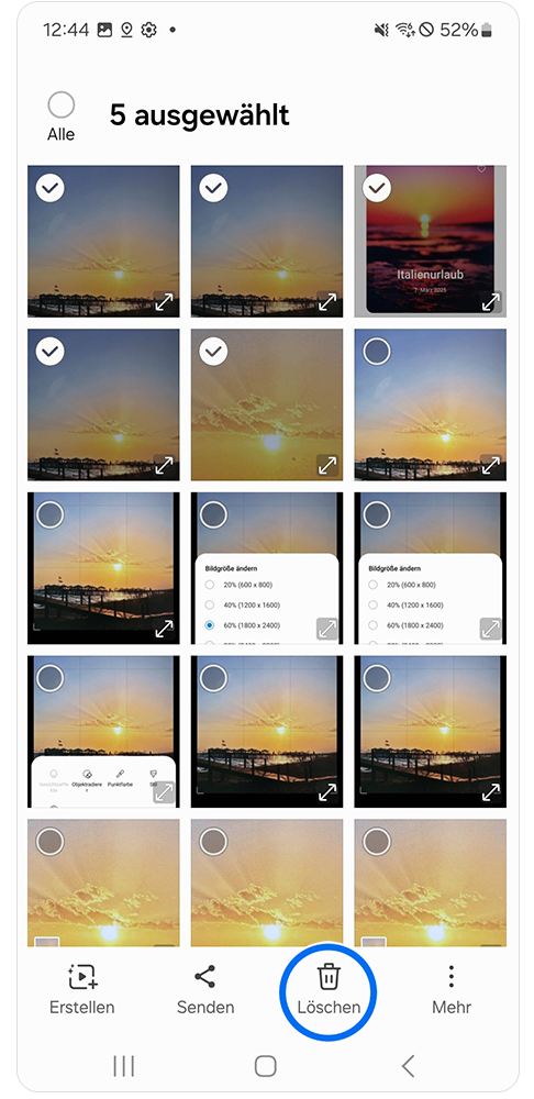 Mehrere Bilder sind ausgewählt zum löschen.