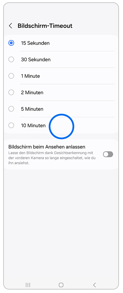 Bildschirm-Timeout Auswahl Zeitintervall