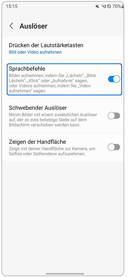 Galaxy Smartphone Kamera-App Auslöser Einstellungen