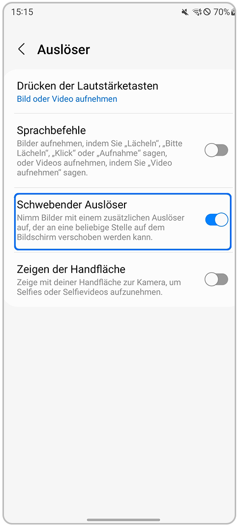 Galaxy Smartphone Kamera-App Auslöser Einstellungen