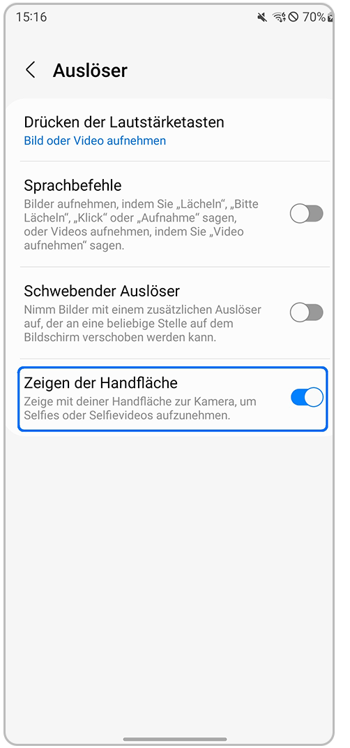 Galaxy Smartphone Kamera-App Auslöser Einstellungen