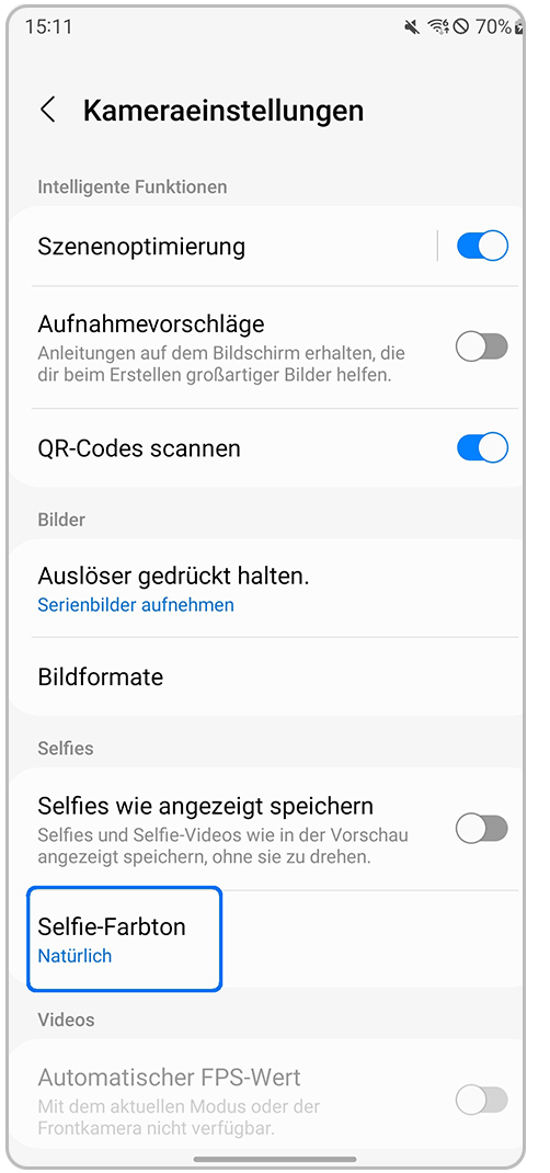 Galaxy Smartphone Kamera-App Einstellungen