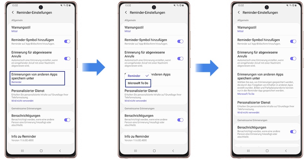 Microsoft To Do mit der Reminder-App Erinnerung von anderen Apps speichern Einstellungen vollzogen