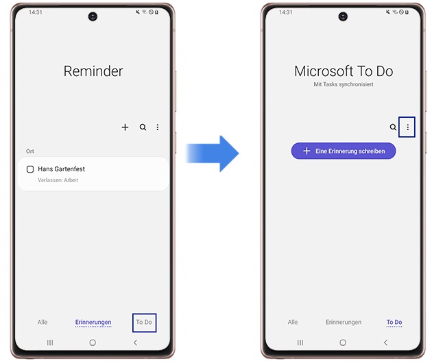 Microsoft To Do mit der Reminder-App Listen auswählen Einstellungen