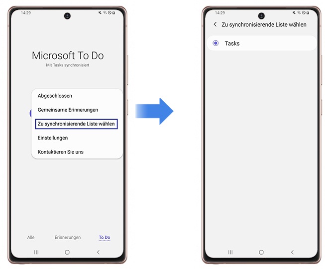 Microsoft To Do mit der Reminder-App Listen auswählen