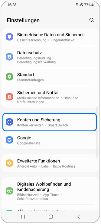 Wähle Konten und Sicherungen