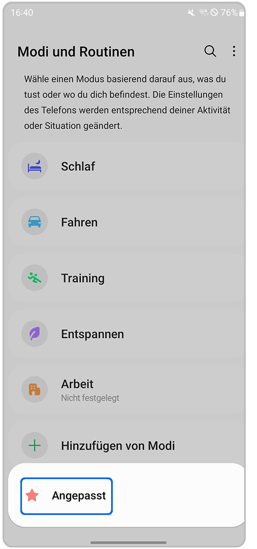 Galaxy Smartphone Modi und Routinen Eigene Modi