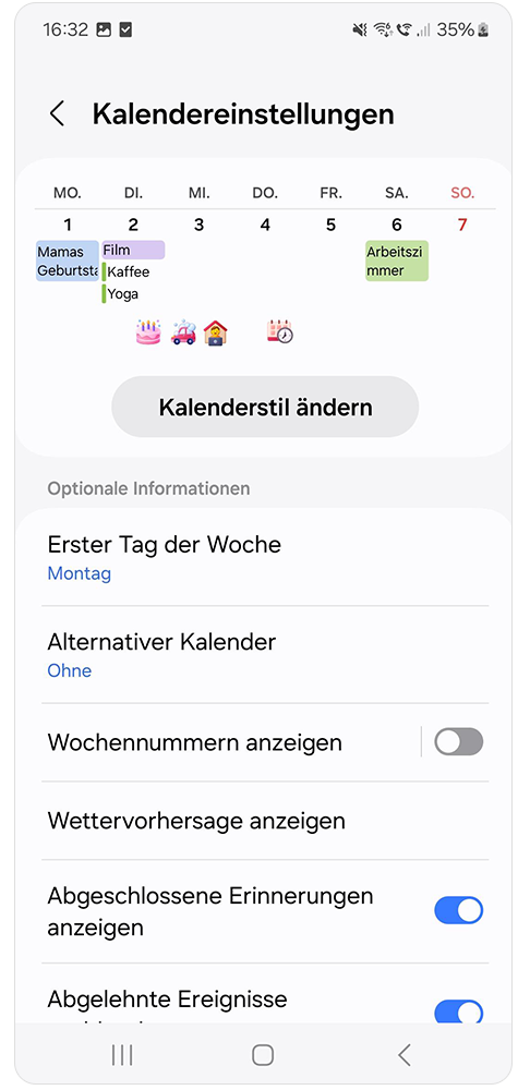 Hier bekommst du die Einstellungs-Möglichkeiten für die Kalender App angezeigt und kannst sie anpassen..