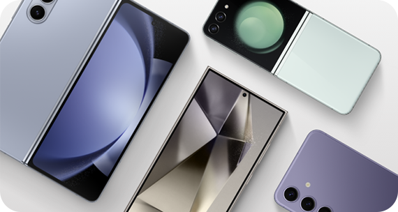 Zu sehen sind diverse Samsung Galaxy Smartphones die auf einem hellen Hintergrund liegend dargestellt werden.