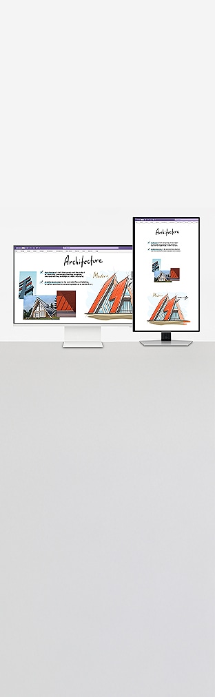 Zwei Monitore werden auf einem dunkelgrauen Rechteck auf einem grauen Hintergrund dargestellt. Einer der Monitore ist vertikal aufgestellt. Auf dem Display ist eine Website über Architektur angedeutet.