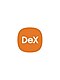 Ein oranges Feld mit rundlichen Kanten und der weißen, darüberliegenden Aufschrift „DeX“