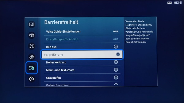 Der Bildschirm des Barrierefreiheit-Menüs eines Samsung Smart TV wird angezeigt. Die Navigation liegt auf der Option Vergrößerung.