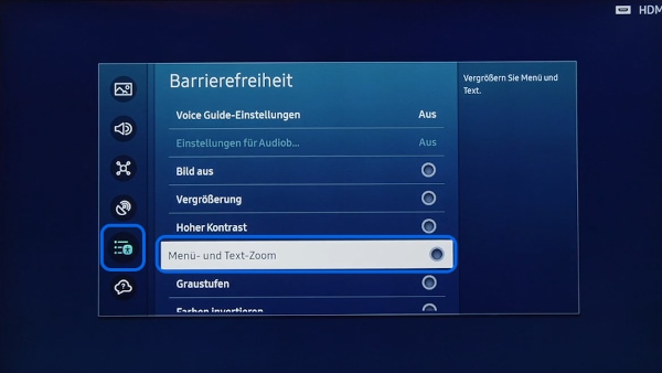 Der Bildschirm des Barrierefreiheit-Menüs eines Samsung Smart TV wird angezeigt. Die Navigation liegt auf der Option Menü- und Text-Zoom.