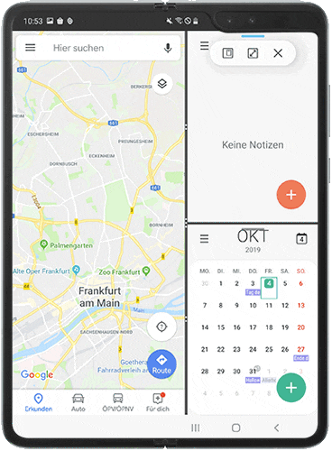Die Optionen der Werkzeugleiste in der geitelten Bildschirmansicht des Galaxy Fold werden angezeigt.