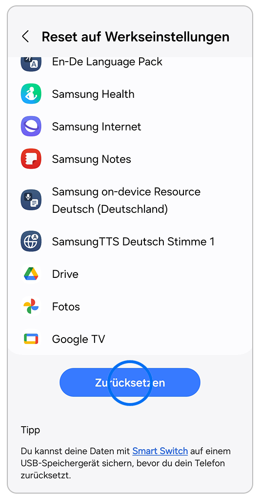 Galaxy Smartphone Einstellungen Reset auf Werkseinstellungen mit Markierung auf Reset auf Zurücksetzen