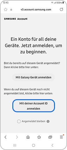 Auf der Samsung Account-Website ist die Schaltfläche „Mit deiner Account-ID anmelden“ hervorgehoben.