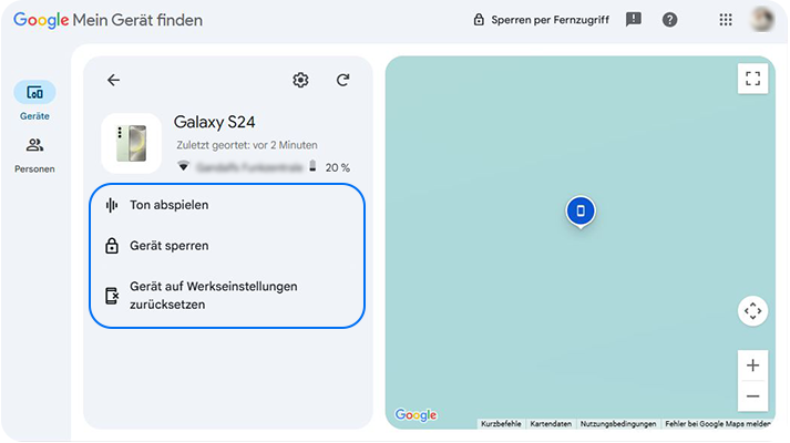 Google-Dienst zeigt Galaxy S24 und Optionen zum Ton abspielen, Gerät sperren und zurücksetzen, daneben Karte mit Gerätestandort