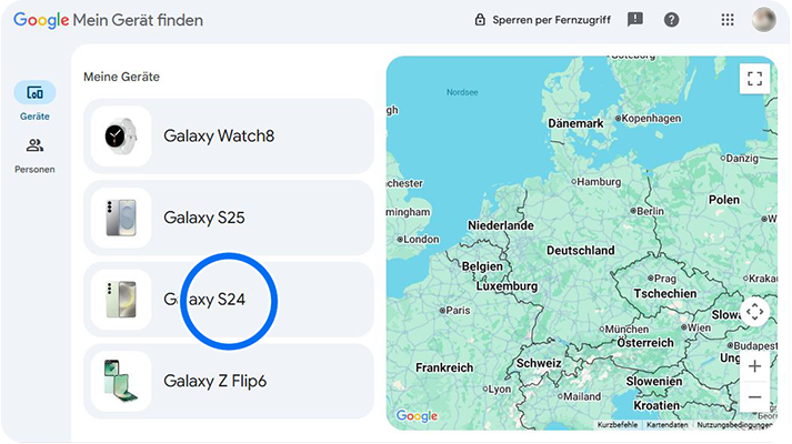 Startscreen von Mein Gerät finden mit 4 Geräten zur Auswahl. Markierung auf Galaxy S24