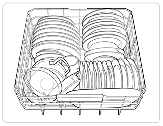 Skizze vom Unterkorb eines Samsung Geschirrspülers. Der Korb ist mit Geschirr gefüllt.
