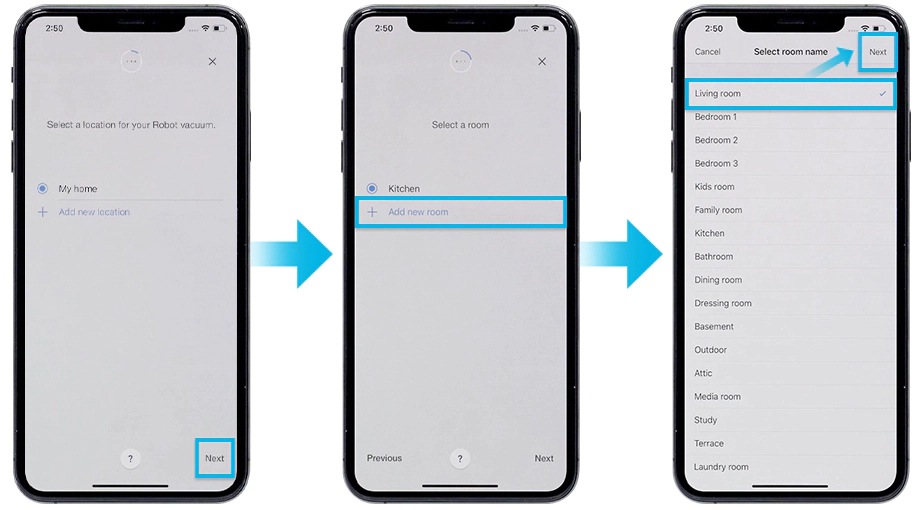 Vælg din foretrukne placering og dit værelse til iOS