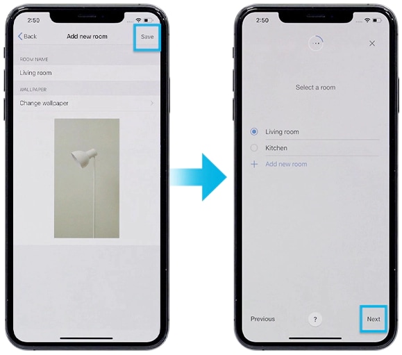 Vælg din foretrukne placering og dit værelse til iOS
