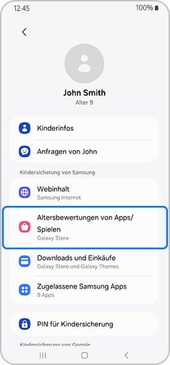 Menü für die Kindersicherung mit hervorgehobenen Altersfreigaben für Apps und Spiele.