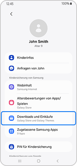 Menü für die Kindersicherung mit Downloads und Käufen ist hervorgehoben.