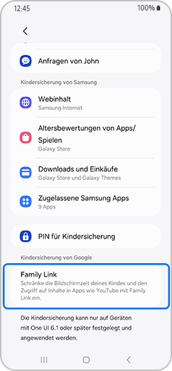 Bildschirm des Kinderkontos mit hervorgehobenem Family Link.