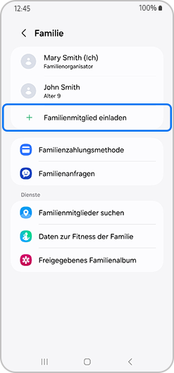 Familienmitglied einladen auf dem hervorgehobenen Familienbildschirm.