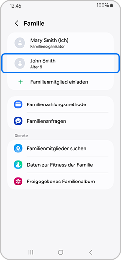 Kinderkonto ist im Bereich Familie des Samsung Accounts markiert.