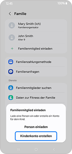 Pop-up zum Einladen von Familienmitgliedern mit hervorgehobener Kontoerstellung.