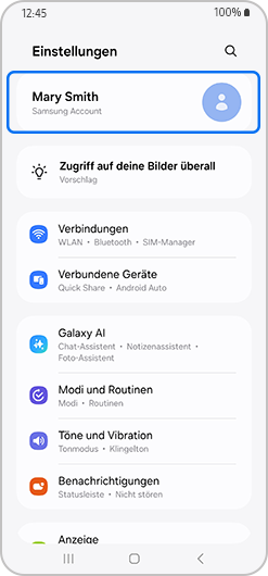 Samsung Account ist in den Einstellungen eines Galaxy Smartphones hervorgehoben.