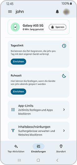 Family Link-Oberfläche mit täglichem Limit, Auszeiten, App-Limit und Inhaltsbeschränkungen.