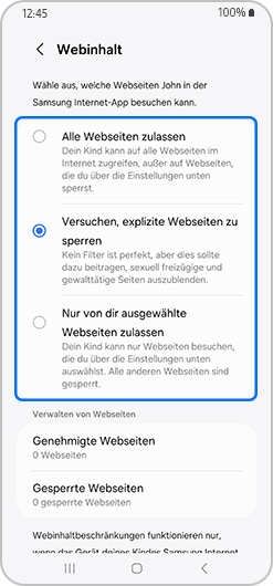 Bildschirm für Webinhalte mit der Auswahl, explizite Seiten zu blockieren.