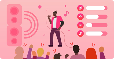 Person singt auf Bühne vor Publikum, daneben Symbole für Nutzer, Tonwellen, Wind und Musik mit Schiebereglern