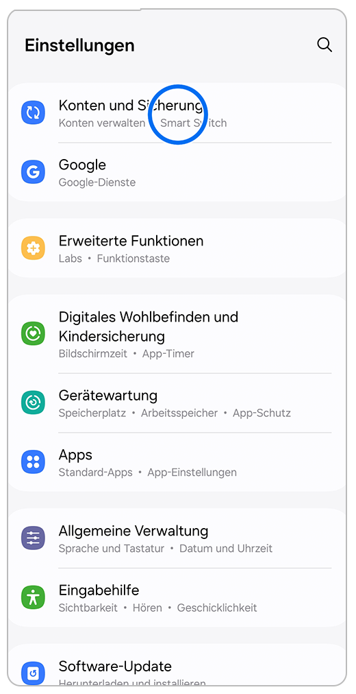 Galaxy Smartphone Einstellungen Konten und Sicherung