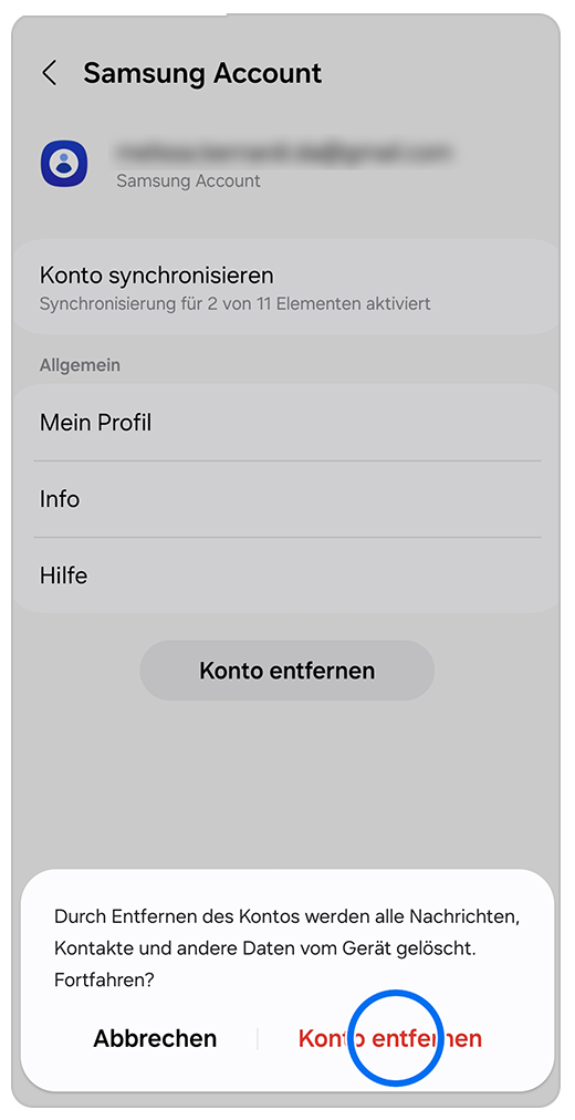 Galaxy Smartphone Einstellungen Konten entfernen mit Markierung auf Konten entfernen