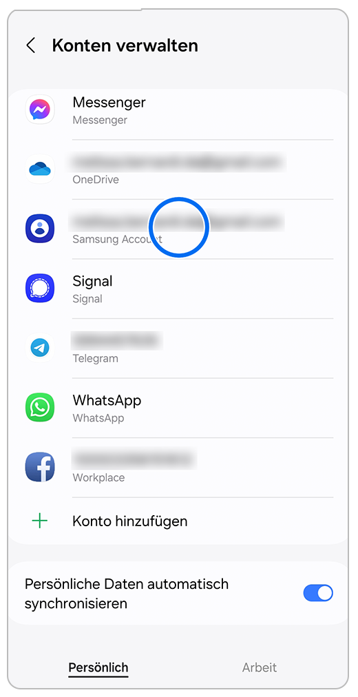 Galaxy Smartphone Einstellungen Konten verwalten mit Markierung auf Samsung Account