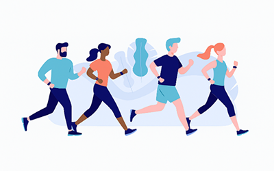 Vier Personen unterschiedlichen Geschlechts und Hautfarbe joggen nebeneinander in Sportkleidung