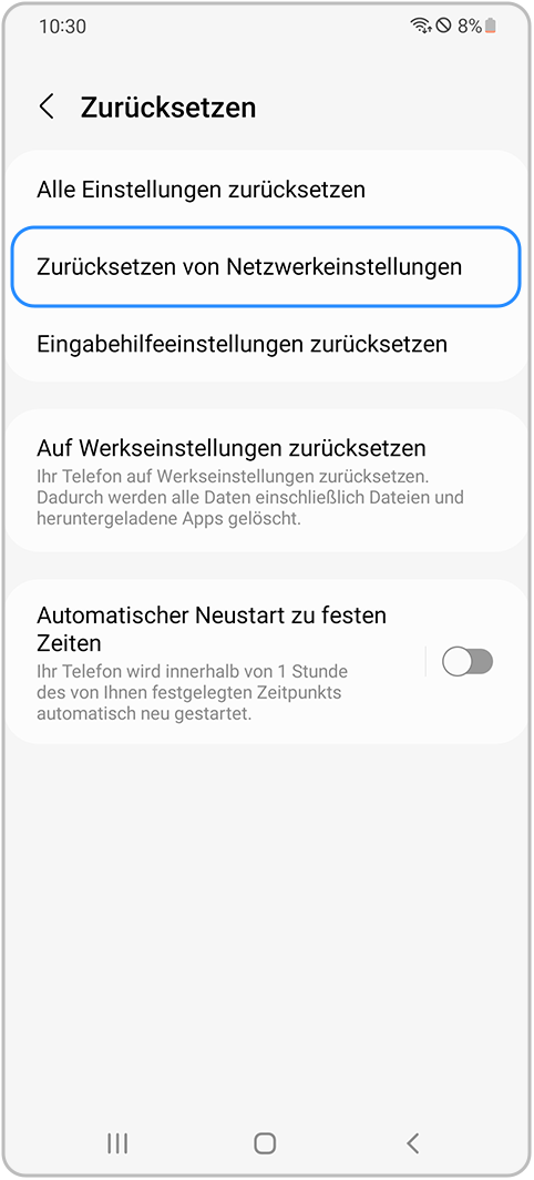 Zurücksetzen von Netzwerkeinstellungen auswählen
