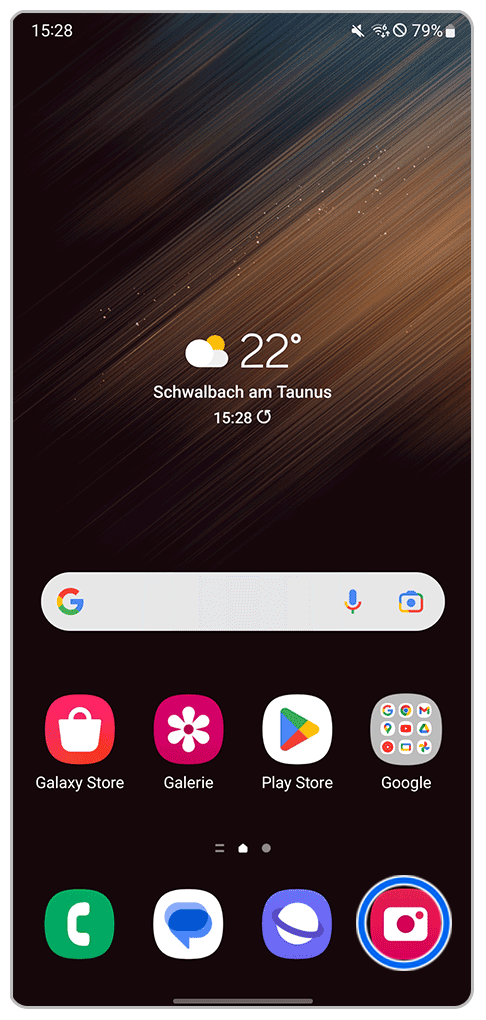 Galaxy Smartphone Startbildschirm mit Markierung auf die Kamera-App