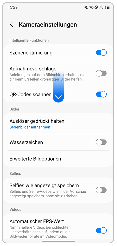 Galaxy Smartphone Kamera-App Einstellungen mit nach unten zeigender Pfeil-Markierung